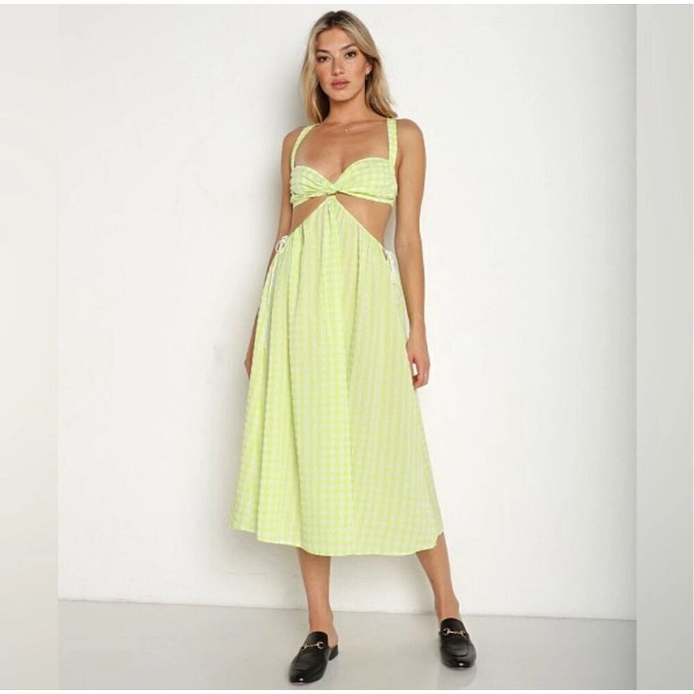 NWT For Love & Lemons Maureen Green & White Gingham Midi Dress Size Small
